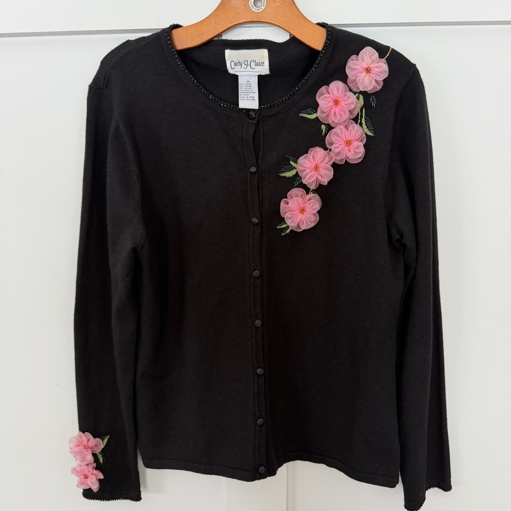 VTG Carly St. Claire Sweater Black Cardigan Pink Flowers Coquette Cottagecore  M